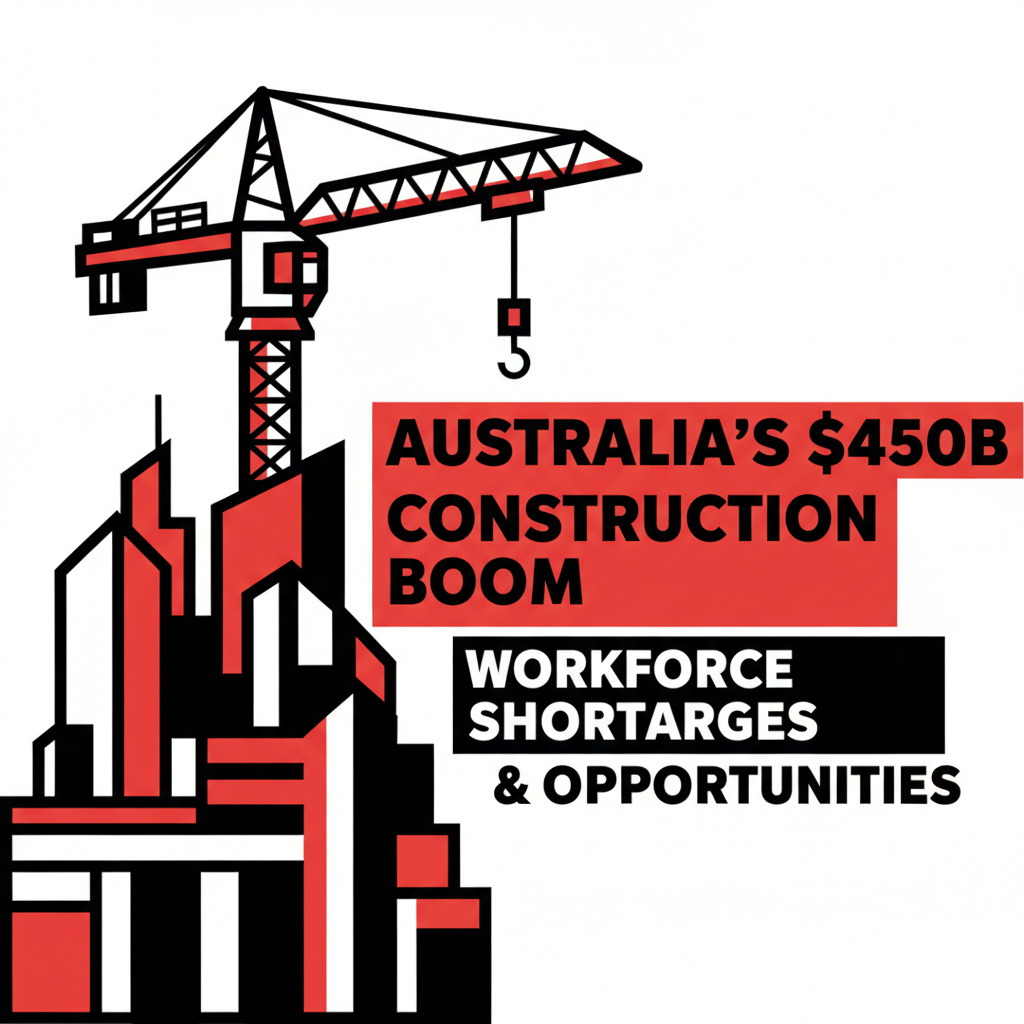 An Australian construction site with multiple cranes and active building work, symbolizing the nation's significant construction boom amidst a clear blue sky.