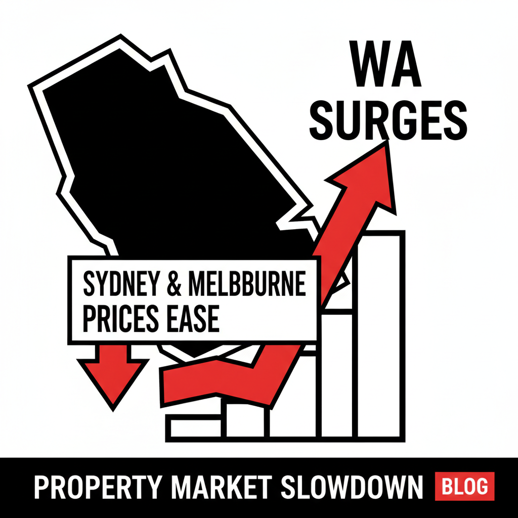 A map of Australia highlighting Sydney and Melbourne in yellow (easing market) and Perth and Brisbane in green (surging market), with a builder reviewing architectural plans.
